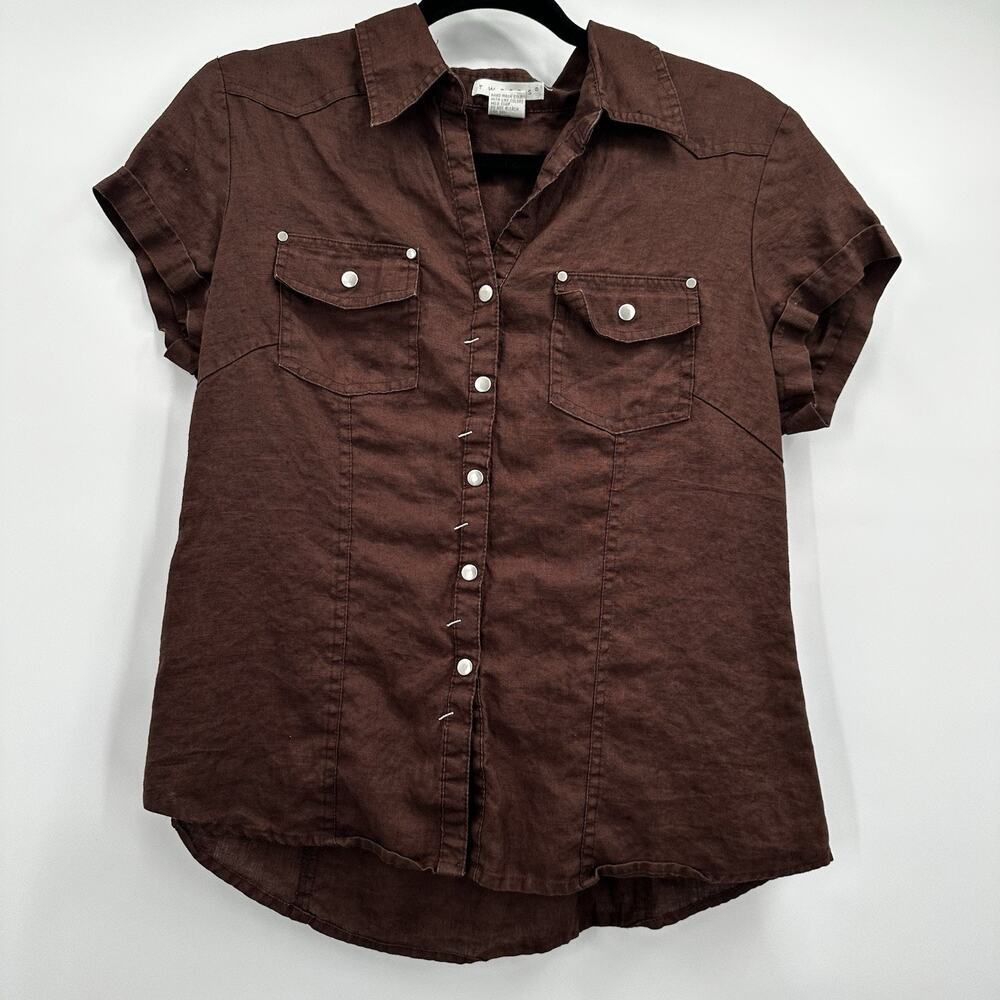 Tweeds Linen Top Shirt Womens Large Brown Button Breathable Minimalist Neutral
